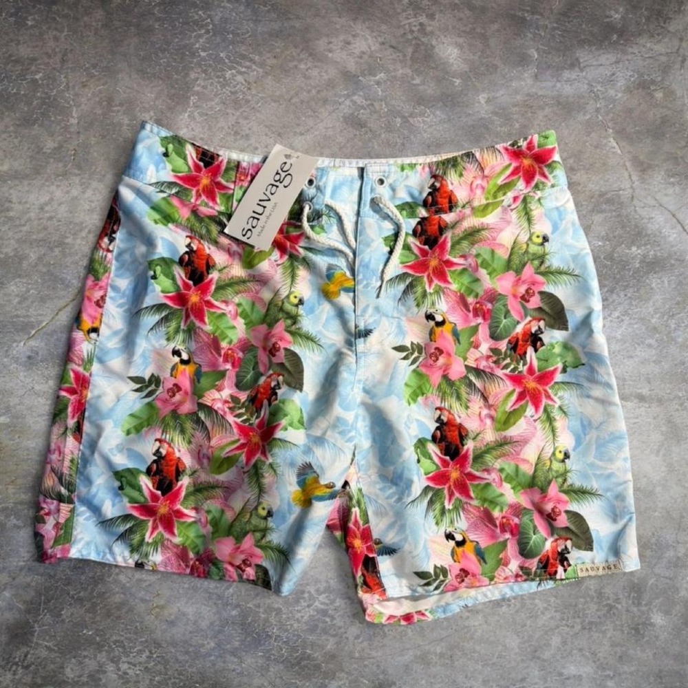 Made USA Sauvage Tropical Parrot Floral Swim Trunks Board Shorts 32 Beach